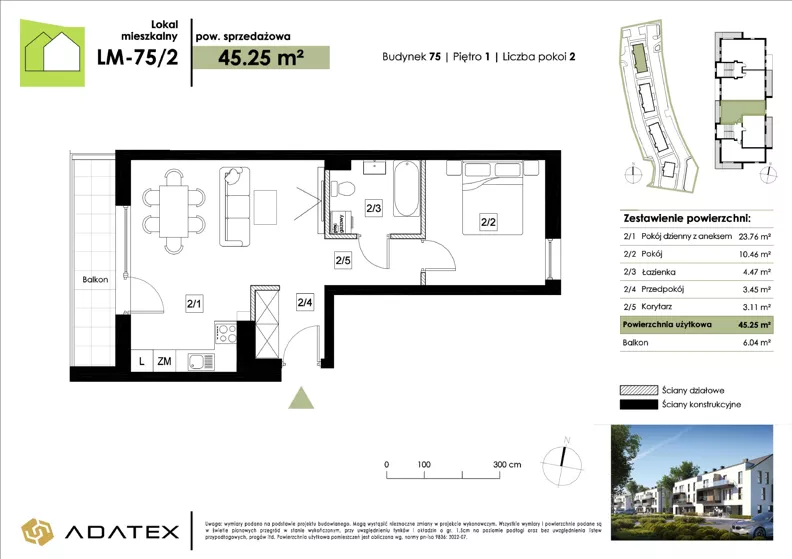 2 pokoje, mieszkanie 45,25 m², piętro 1, oferta nr LM-75/2, Zielona Podkowa, Otrębusy, ul. Waniliowa 7/2