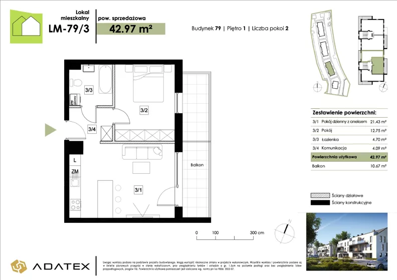 2 pokoje, mieszkanie 42,97 m², piętro 1, oferta nr LM-79/3, Zielona Podkowa, Otrębusy, ul. Waniliowa 7/2