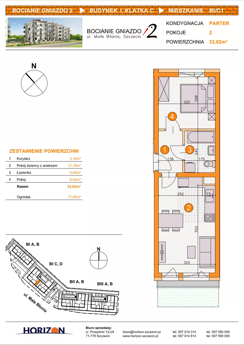 2 pokoje, mieszkanie 33,82 m², parter, oferta nr BI/C1, Bocianie Gniazdo 2, Szczecin, Północ, Żelechowa, ul. Małe Błonia