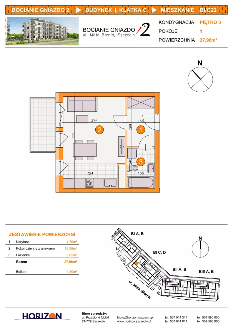 1 pokój, mieszkanie 27,96 m², piętro 3, oferta nr BI/C22, Bocianie Gniazdo 2, Szczecin, Północ, Żelechowa, ul. Małe Błonia