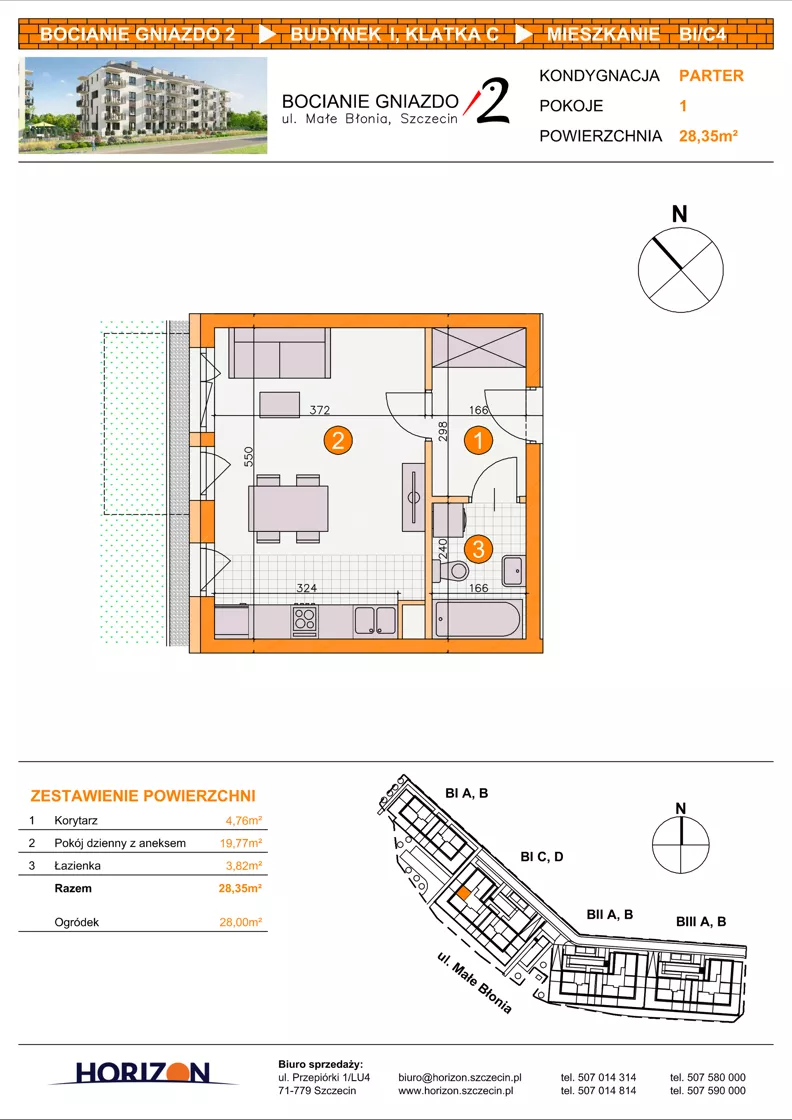 1 pokój, mieszkanie 28,35 m², parter, oferta nr BI/C4, Bocianie Gniazdo 2, Szczecin, Północ, Żelechowa, ul. Małe Błonia