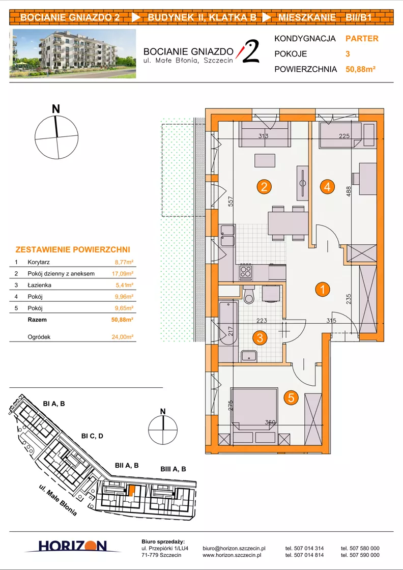 3 pokoje, mieszkanie 50,88 m², parter, oferta nr BII/B1, Bocianie Gniazdo 2, Szczecin, Północ, Żelechowa, ul. Małe Błonia