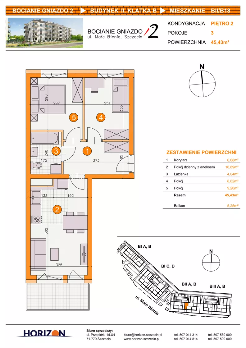 3 pokoje, mieszkanie 45,43 m², piętro 2, oferta nr BII/B18, Bocianie Gniazdo 2, Szczecin, Północ, Żelechowa, ul. Małe Błonia