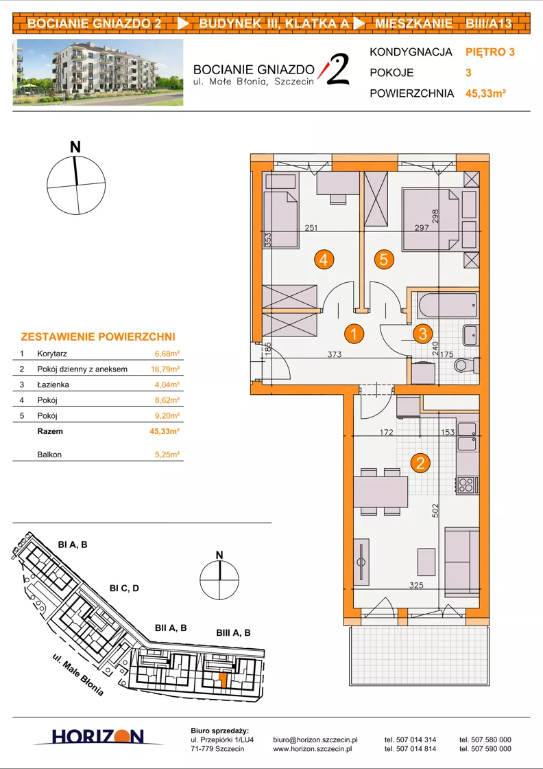 3 pokoje, mieszkanie 45,33 m², piętro 3, oferta nr BIII/A13, Bocianie Gniazdo 2, Szczecin, Północ, Żelechowa, ul. Małe Błonia
