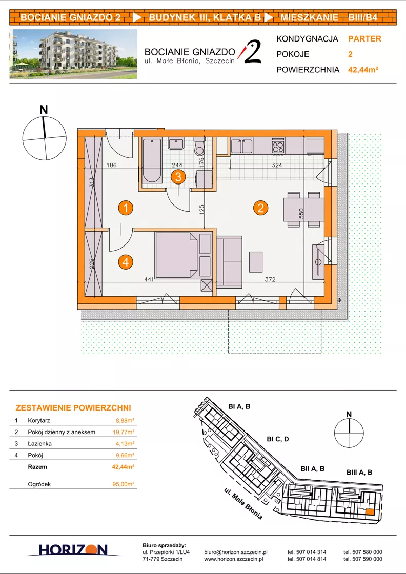 2 pokoje, mieszkanie 42,44 m², parter, oferta nr BIII/B4, Bocianie Gniazdo 2, Szczecin, Północ, Żelechowa, ul. Małe Błonia