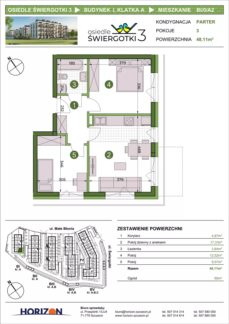 3 pokoje, mieszkanie 48,11 m², parter, oferta nr BI/0/A2, Osiedle Świergotki 3, Szczecin, Północ, Żelechowa, ul. Małe Błonia