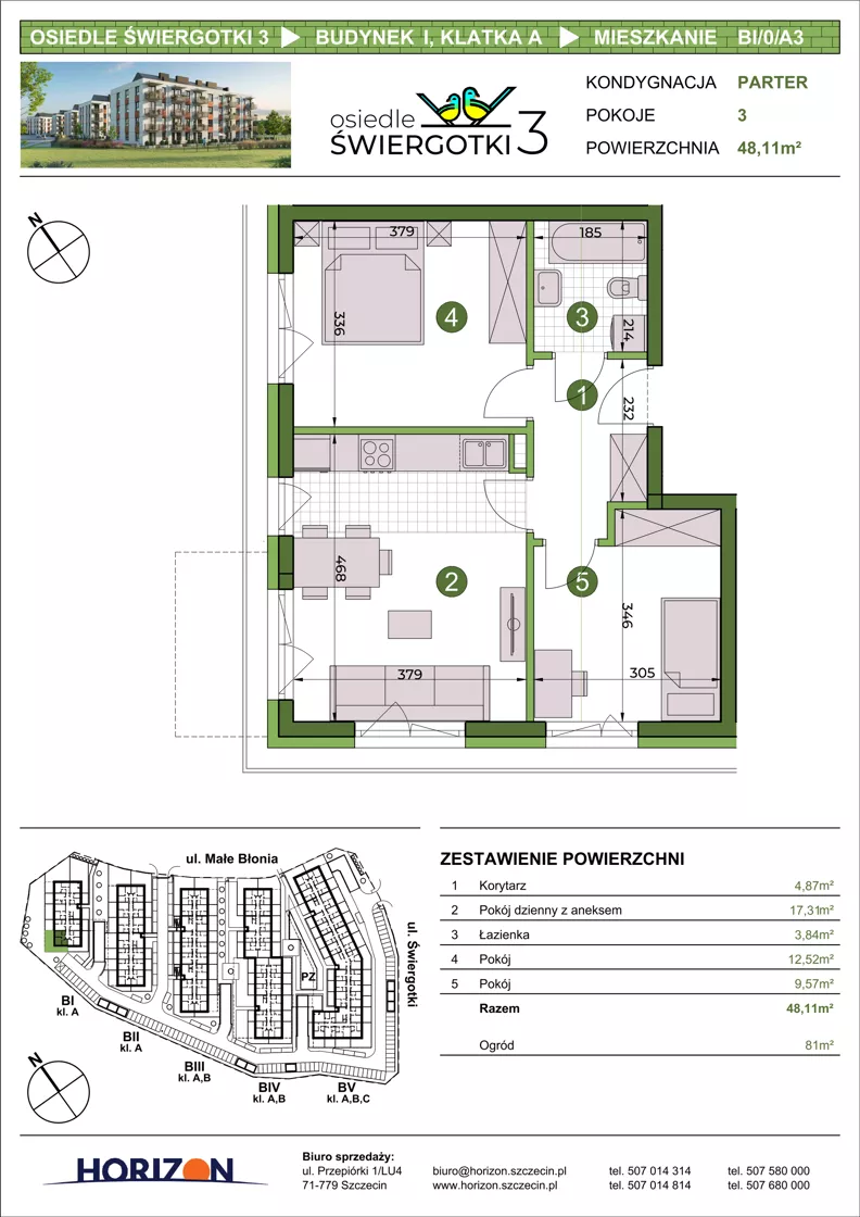 3 pokoje, mieszkanie 48,11 m², parter, oferta nr BI/0/A3, Osiedle Świergotki 3, Szczecin, Północ, Żelechowa, ul. Małe Błonia