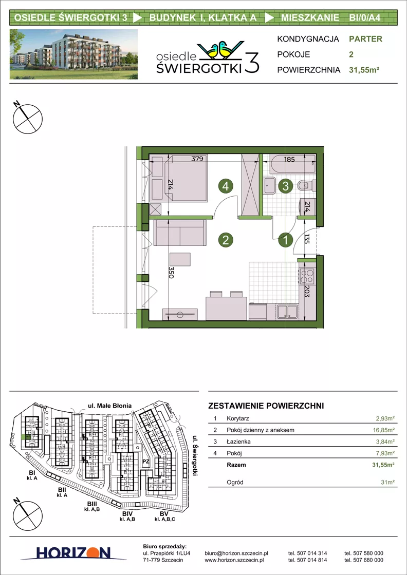 2 pokoje, mieszkanie 31,55 m², parter, oferta nr BI/0/A4, Osiedle Świergotki 3, Szczecin, Północ, Żelechowa, ul. Małe Błonia