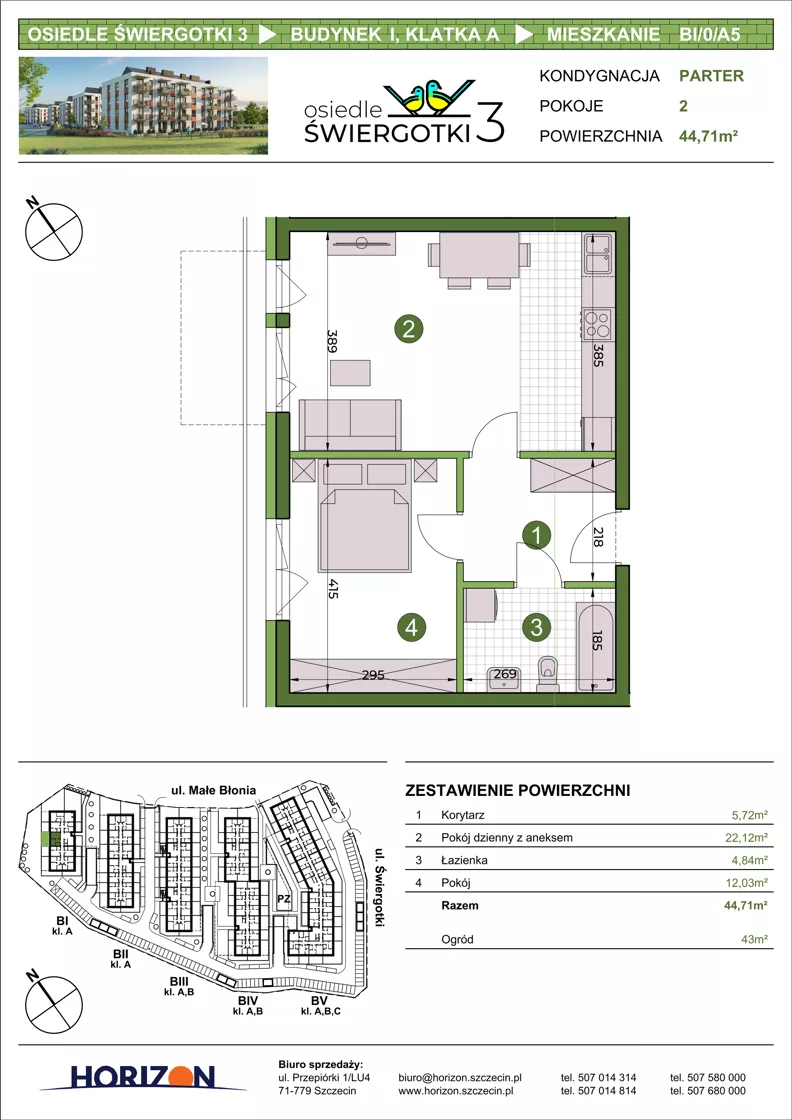 2 pokoje, mieszkanie 44,71 m², parter, oferta nr BI/0/A5, Osiedle Świergotki 3, Szczecin, Północ, Żelechowa, ul. Małe Błonia