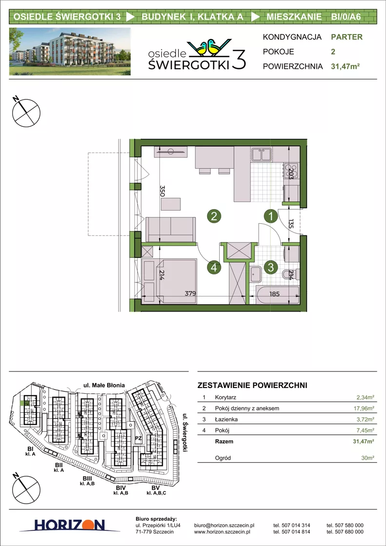 2 pokoje, mieszkanie 31,47 m², parter, oferta nr BI/0/A6, Osiedle Świergotki 3, Szczecin, Północ, Żelechowa, ul. Małe Błonia