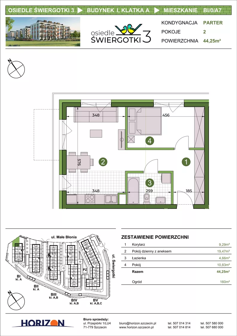 2 pokoje, mieszkanie 44,25 m², parter, oferta nr BI/0/A7, Osiedle Świergotki 3, Szczecin, Północ, Żelechowa, ul. Małe Błonia