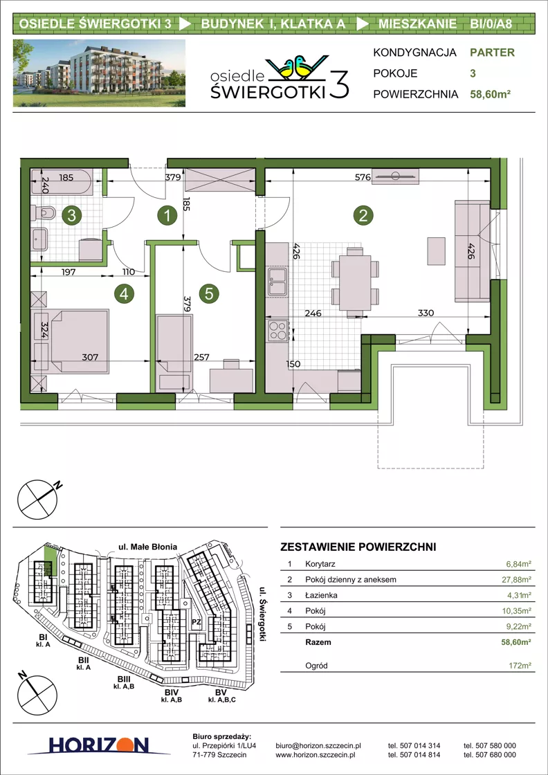 3 pokoje, mieszkanie 58,60 m², parter, oferta nr BI/0/A8, Osiedle Świergotki 3, Szczecin, Północ, Żelechowa, ul. Małe Błonia
