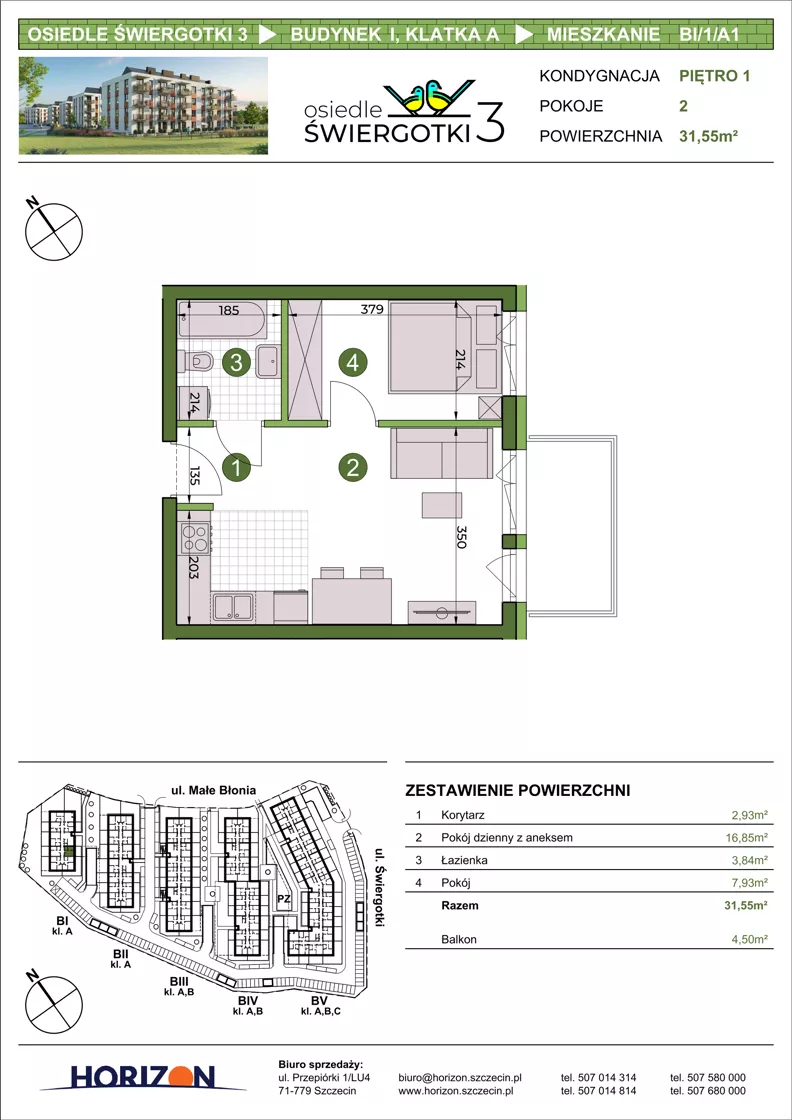 2 pokoje, mieszkanie 31,55 m², piętro 1, oferta nr BI/1/A1, Osiedle Świergotki 3, Szczecin, Północ, Żelechowa, ul. Małe Błonia