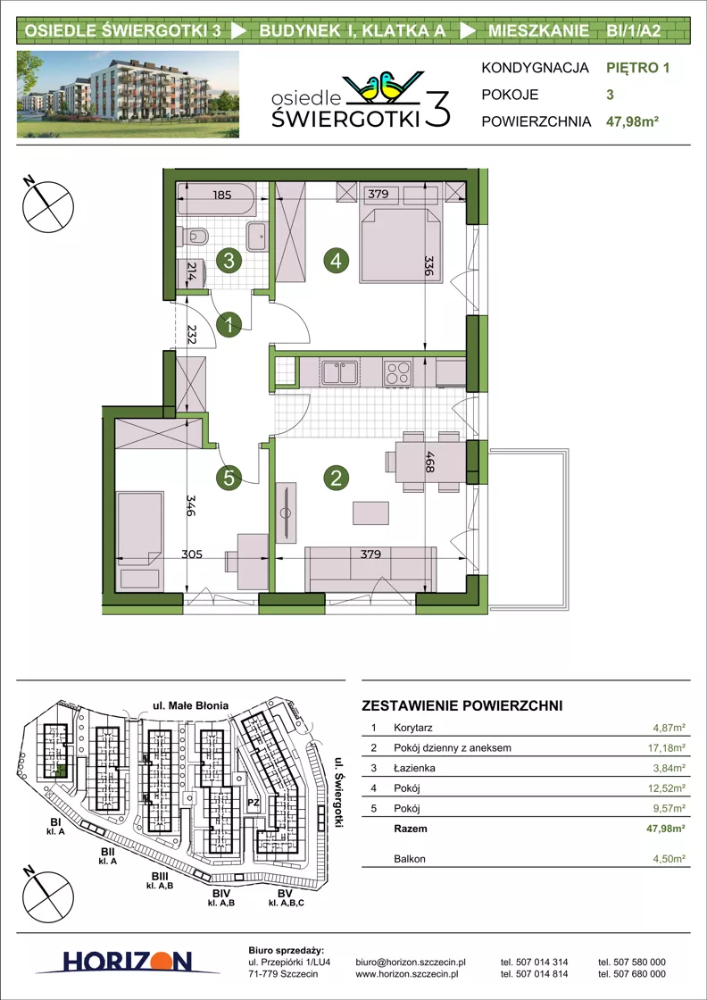 3 pokoje, mieszkanie 47,98 m², piętro 1, oferta nr BI/1/A2, Osiedle Świergotki 3, Szczecin, Północ, Żelechowa, ul. Małe Błonia