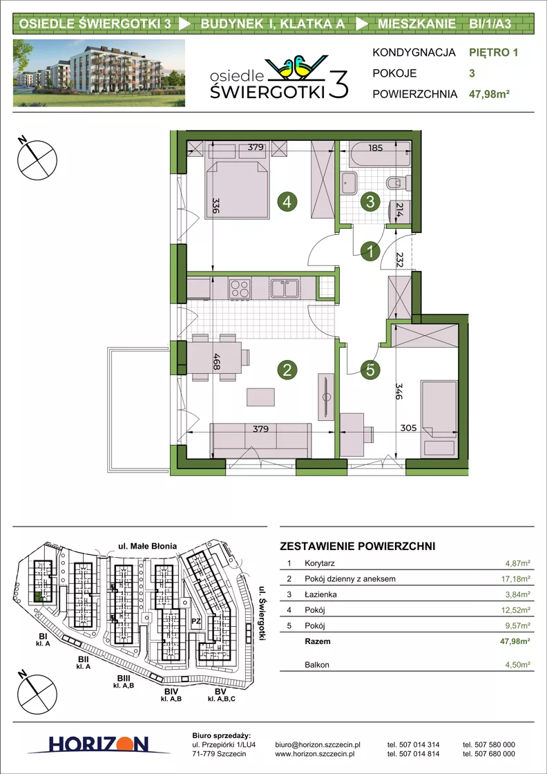 3 pokoje, mieszkanie 47,98 m², piętro 1, oferta nr BI/1/A3, Osiedle Świergotki 3, Szczecin, Północ, Żelechowa, ul. Małe Błonia