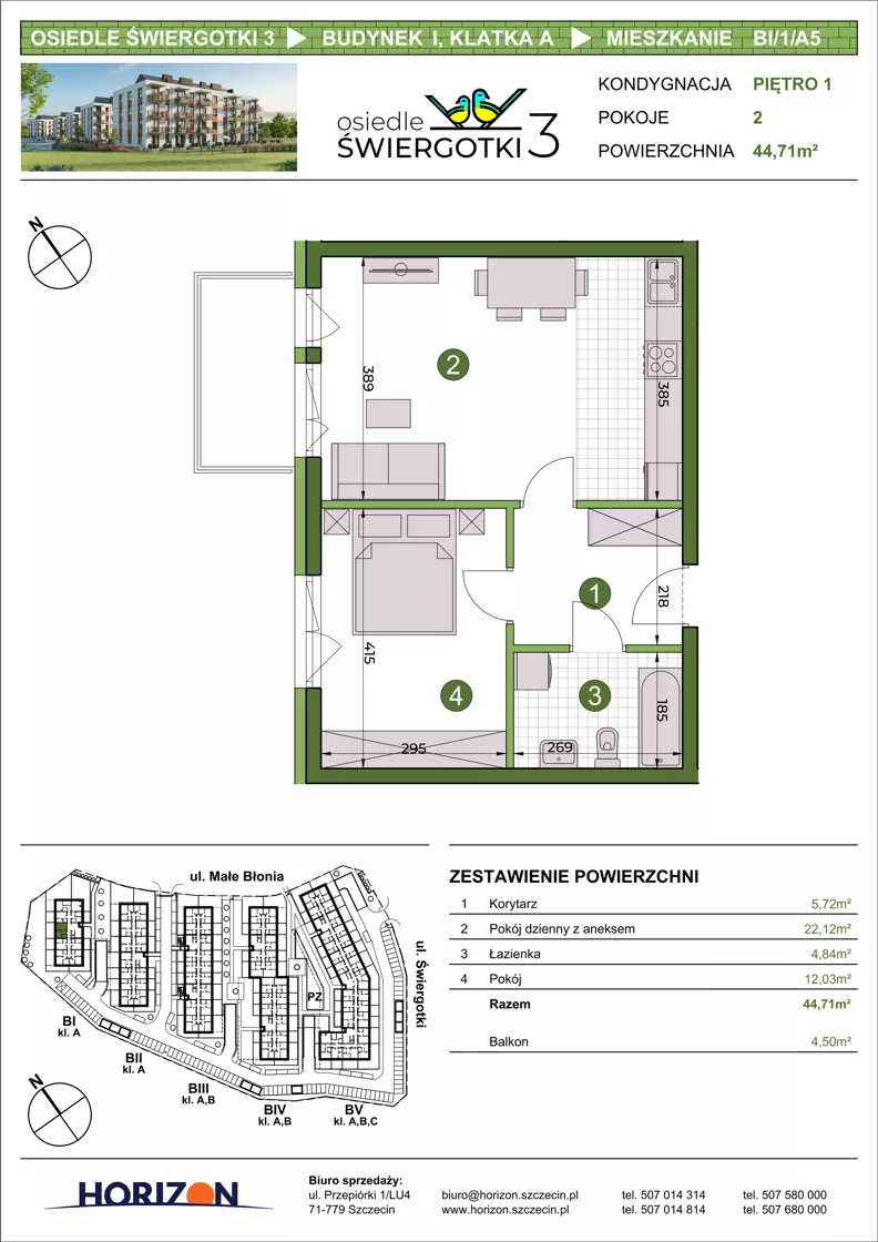 2 pokoje, mieszkanie 44,71 m², piętro 1, oferta nr BI/1/A5, Osiedle Świergotki 3, Szczecin, Północ, Żelechowa, ul. Małe Błonia