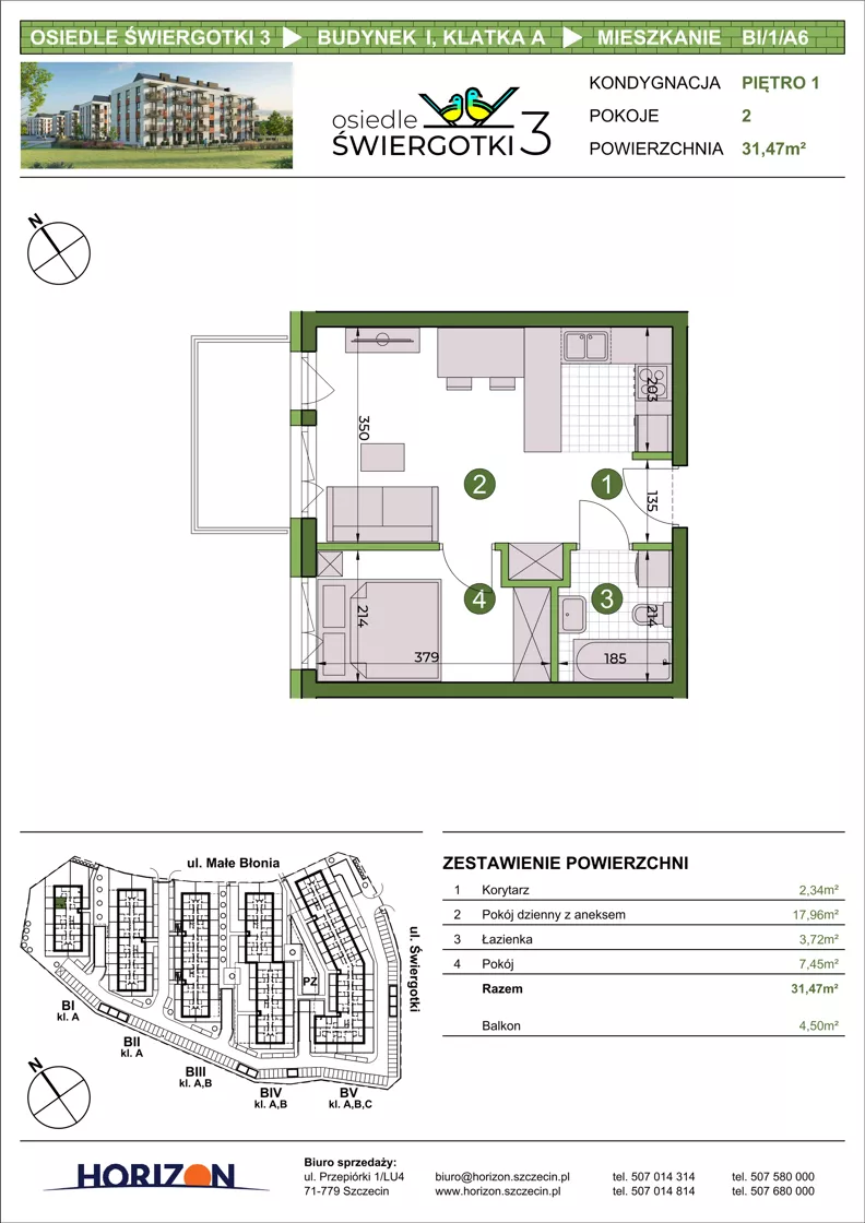 2 pokoje, mieszkanie 31,47 m², piętro 1, oferta nr BI/1/A6, Osiedle Świergotki 3, Szczecin, Północ, Żelechowa, ul. Małe Błonia