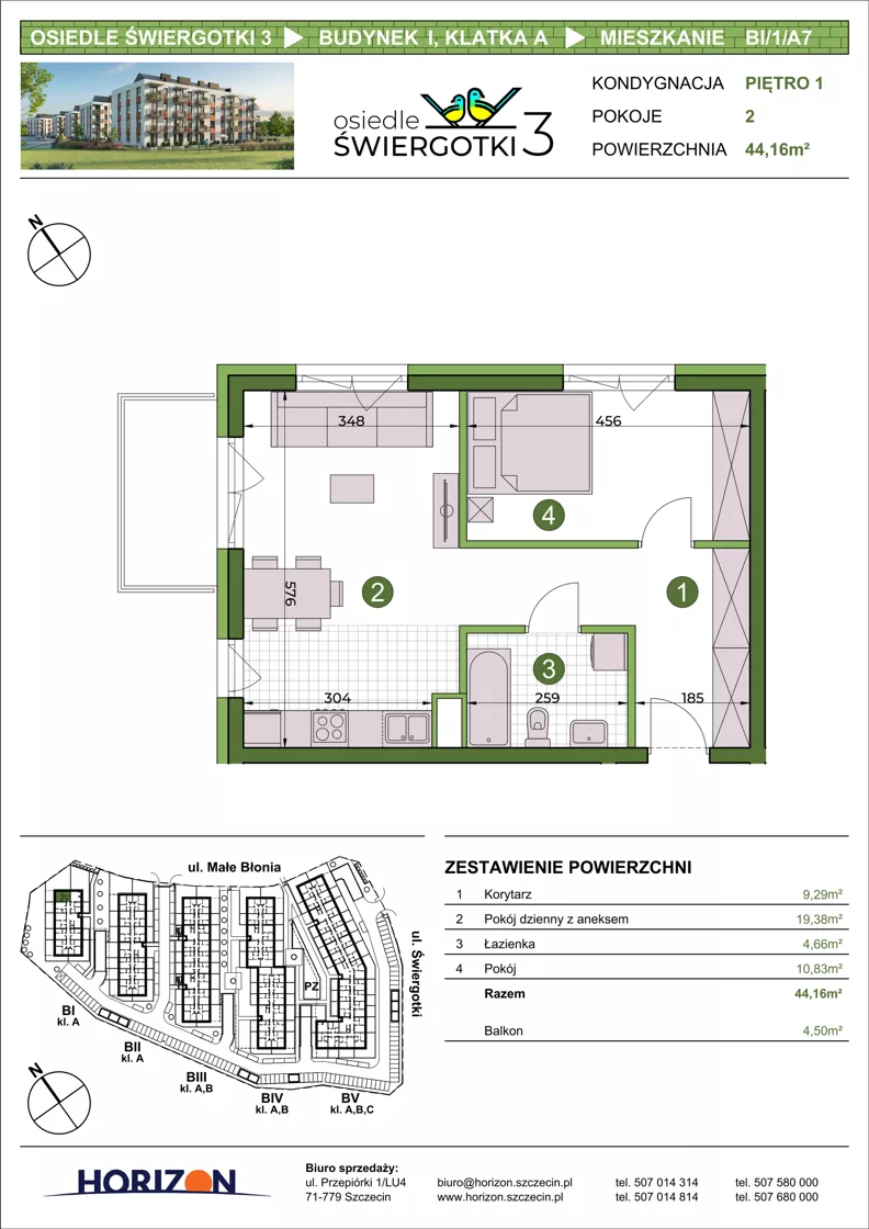 2 pokoje, mieszkanie 44,16 m², piętro 1, oferta nr BI/1/A7, Osiedle Świergotki 3, Szczecin, Północ, Żelechowa, ul. Małe Błonia