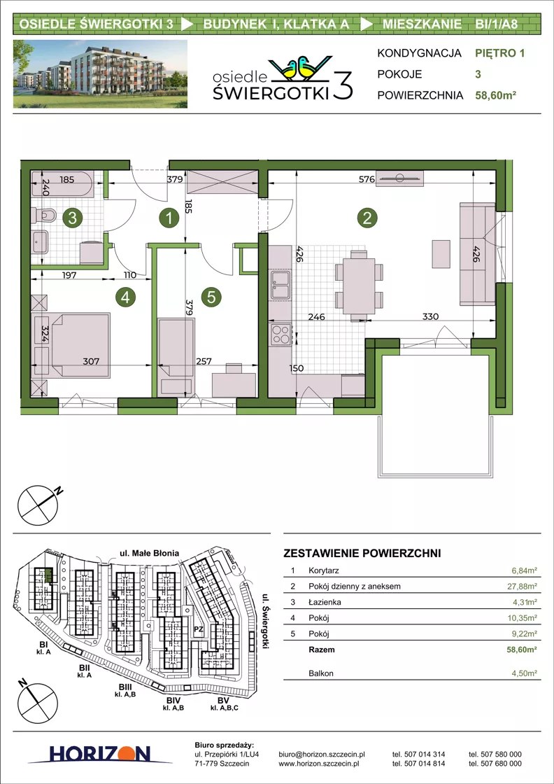 3 pokoje, mieszkanie 58,60 m², piętro 1, oferta nr BI/1/A8, Osiedle Świergotki 3, Szczecin, Północ, Żelechowa, ul. Małe Błonia