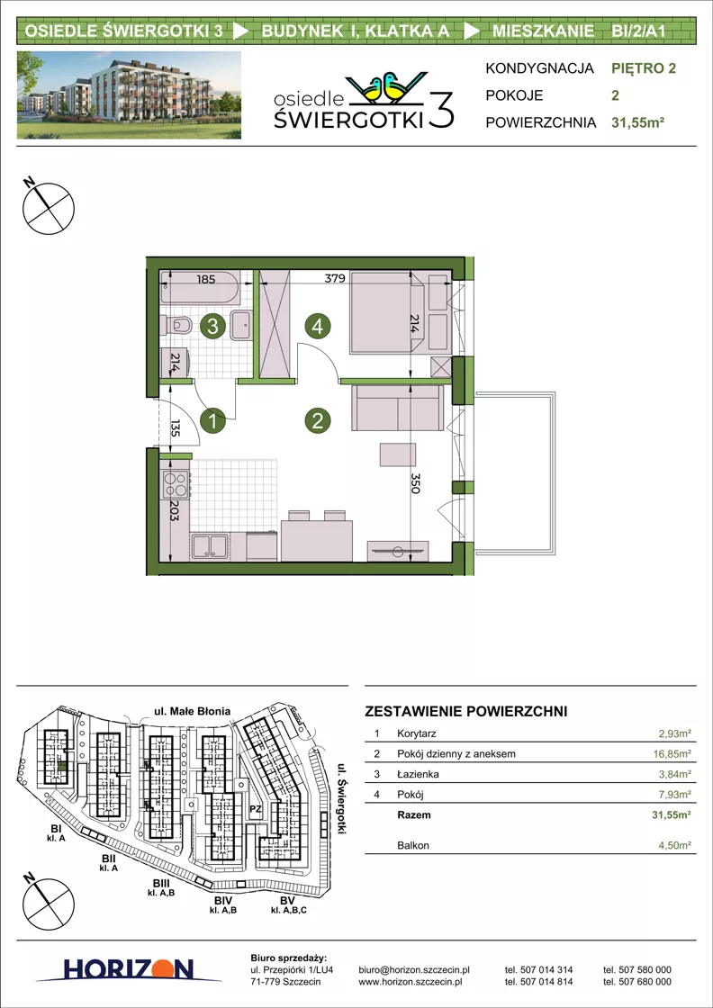 2 pokoje, mieszkanie 31,55 m², piętro 2, oferta nr BI/2/A1, Osiedle Świergotki 3, Szczecin, Północ, Żelechowa, ul. Małe Błonia