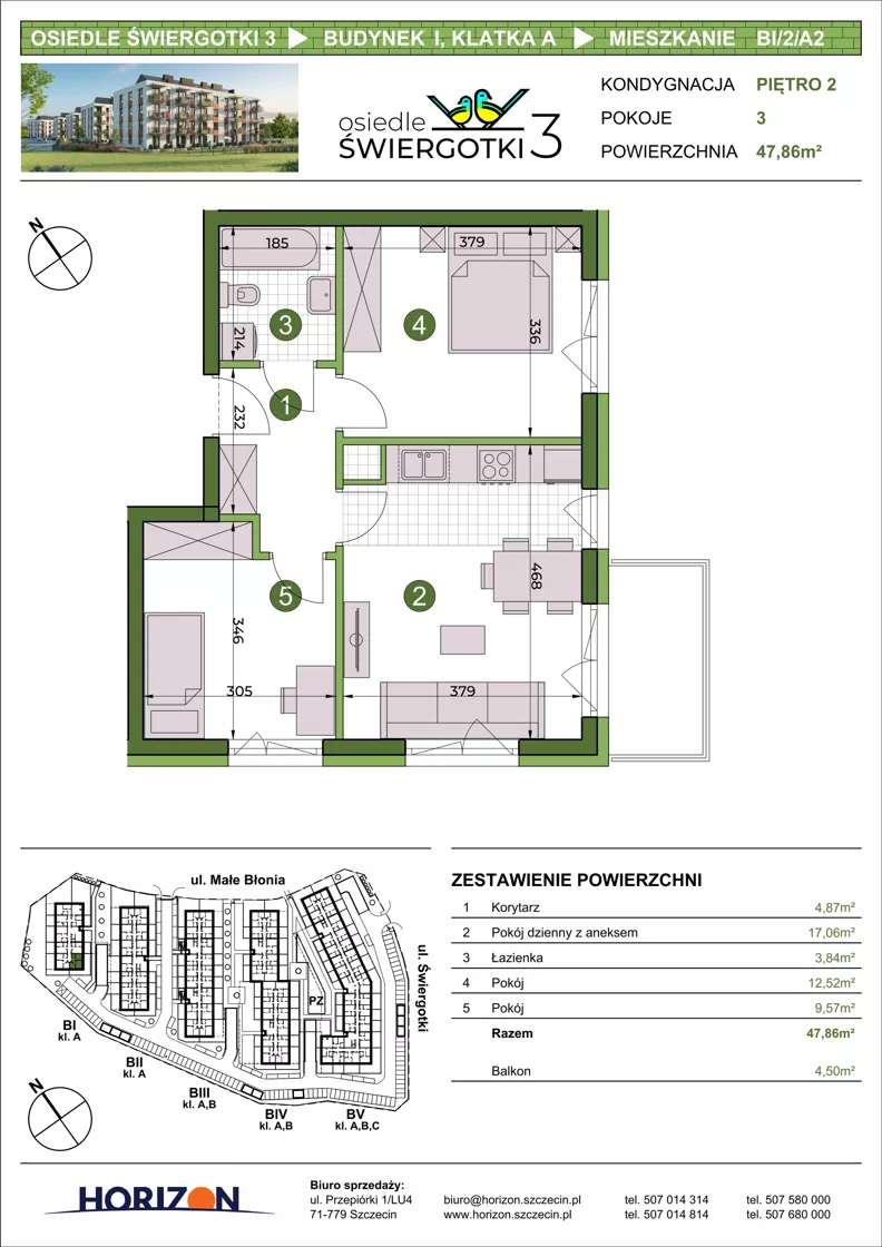 3 pokoje, mieszkanie 47,86 m², piętro 2, oferta nr BI/2/A2, Osiedle Świergotki 3, Szczecin, Północ, Żelechowa, ul. Małe Błonia