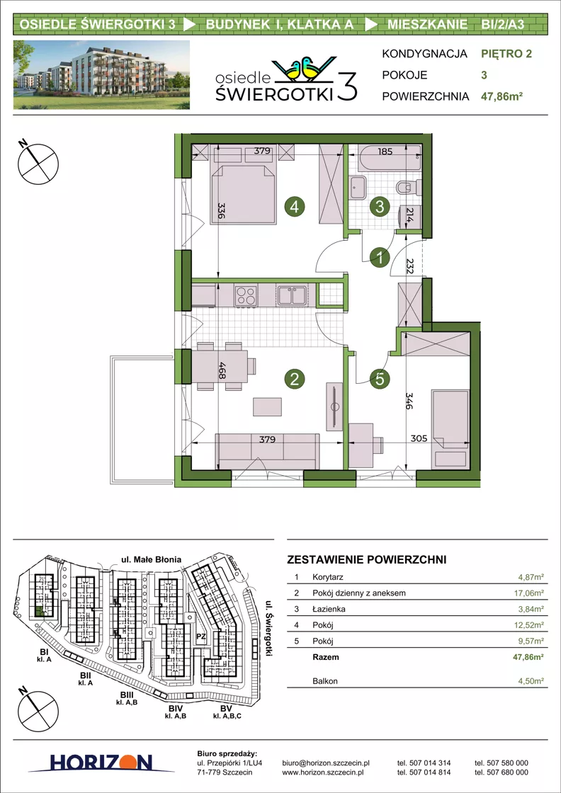 3 pokoje, mieszkanie 47,86 m², piętro 2, oferta nr BI/2/A3, Osiedle Świergotki 3, Szczecin, Północ, Żelechowa, ul. Małe Błonia