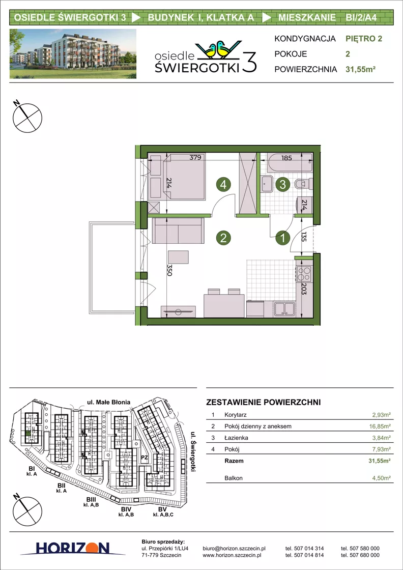 2 pokoje, mieszkanie 31,55 m², piętro 2, oferta nr BI/2/A4, Osiedle Świergotki 3, Szczecin, Północ, Żelechowa, ul. Małe Błonia