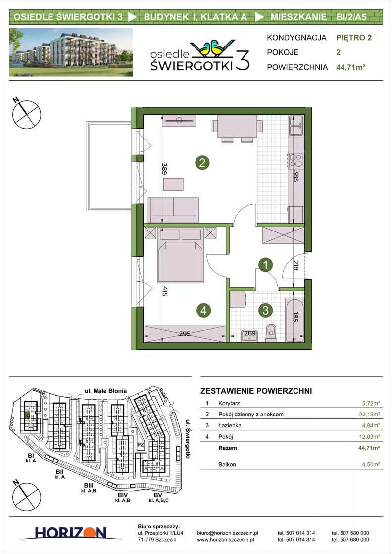 2 pokoje, mieszkanie 44,71 m², piętro 2, oferta nr BI/2/A5, Osiedle Świergotki 3, Szczecin, Północ, Żelechowa, ul. Małe Błonia