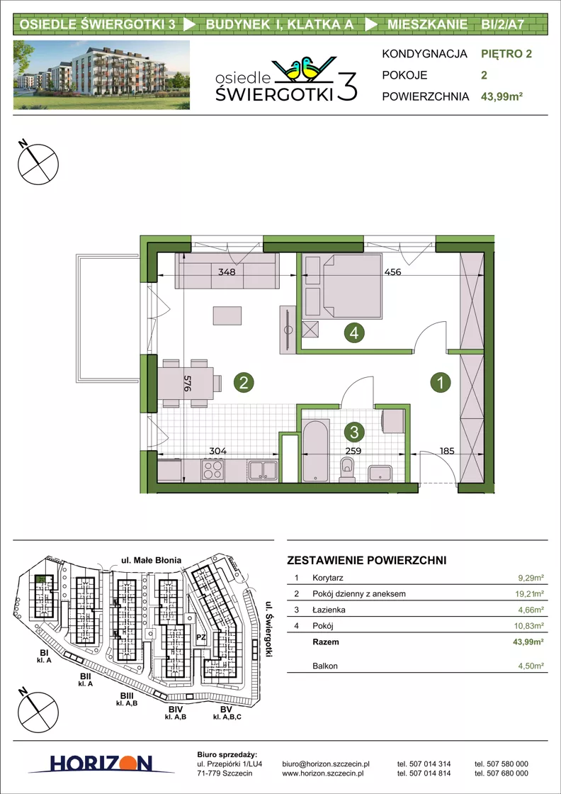 2 pokoje, mieszkanie 43,99 m², piętro 2, oferta nr BI/2/A7, Osiedle Świergotki 3, Szczecin, Północ, Żelechowa, ul. Małe Błonia