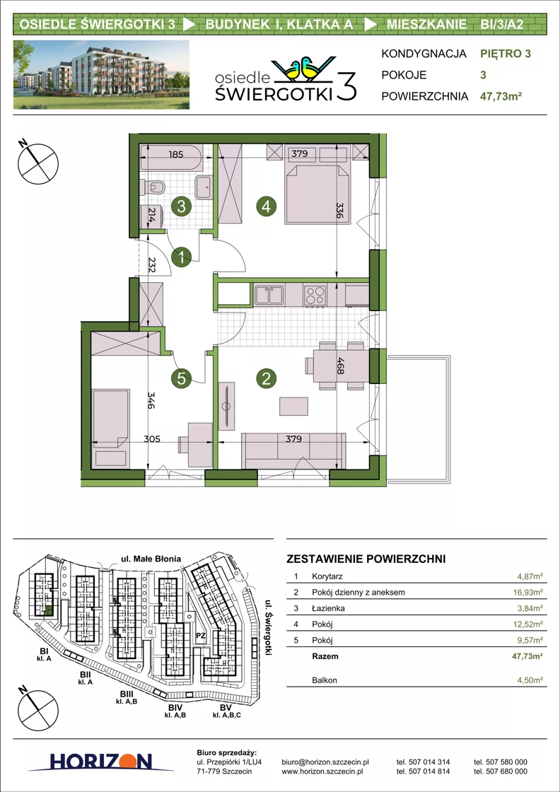 3 pokoje, mieszkanie 47,73 m², piętro 3, oferta nr BI/3/A2, Osiedle Świergotki 3, Szczecin, Północ, Żelechowa, ul. Małe Błonia