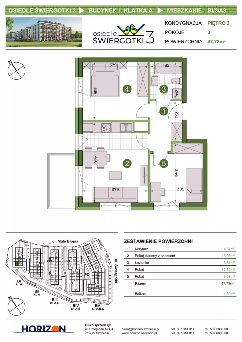 3 pokoje, mieszkanie 47,73 m², piętro 3, oferta nr BI/3/A3, Osiedle Świergotki 3, Szczecin, Północ, Żelechowa, ul. Małe Błonia