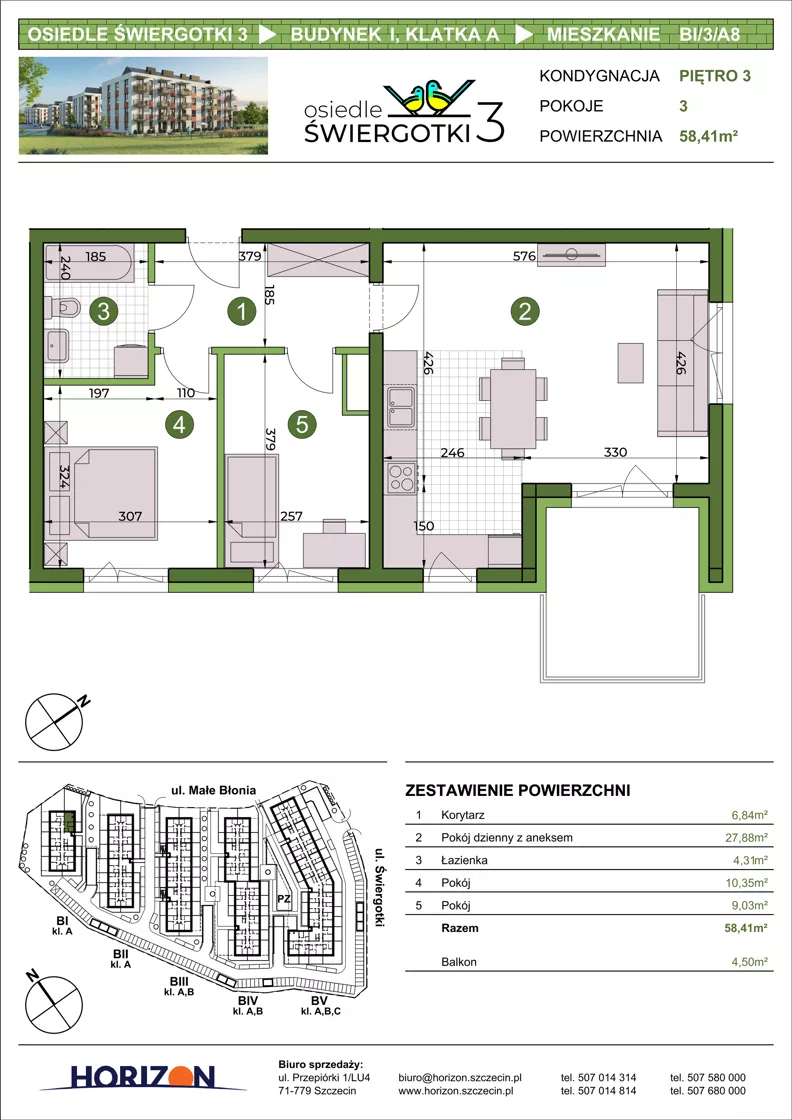 3 pokoje, mieszkanie 58,41 m², piętro 3, oferta nr BI/3/A8, Osiedle Świergotki 3, Szczecin, Północ, Żelechowa, ul. Małe Błonia