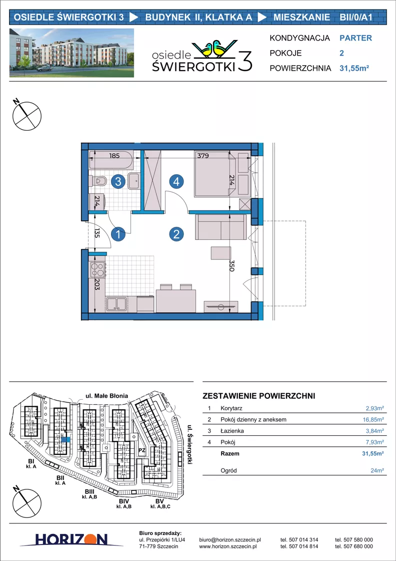 2 pokoje, mieszkanie 31,55 m², parter, oferta nr BII/0/A1, Osiedle Świergotki 3, Szczecin, Północ, Żelechowa, ul. Małe Błonia