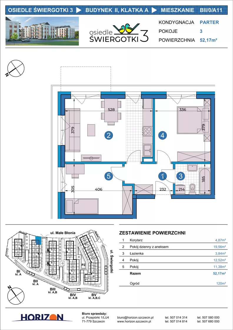 3 pokoje, mieszkanie 52,17 m², parter, oferta nr BII/0/A11, Osiedle Świergotki 3, Szczecin, Północ, Żelechowa, ul. Małe Błonia