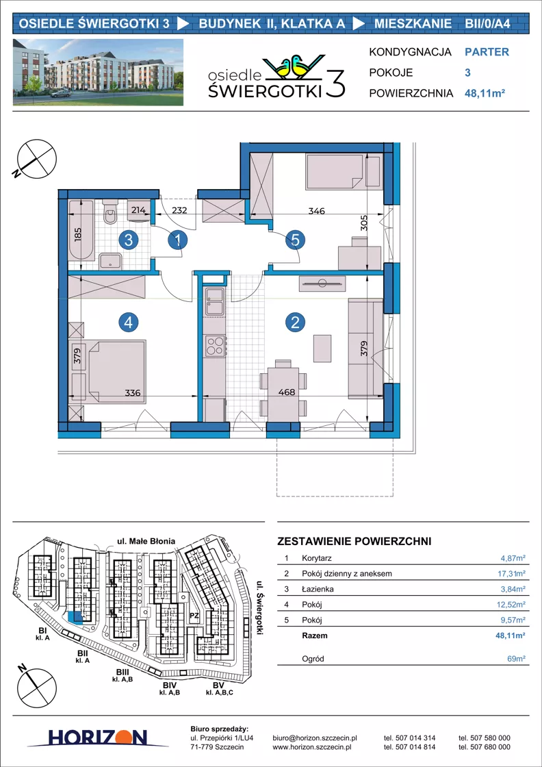 3 pokoje, mieszkanie 48,11 m², parter, oferta nr BII/0/A4, Osiedle Świergotki 3, Szczecin, Północ, Żelechowa, ul. Małe Błonia