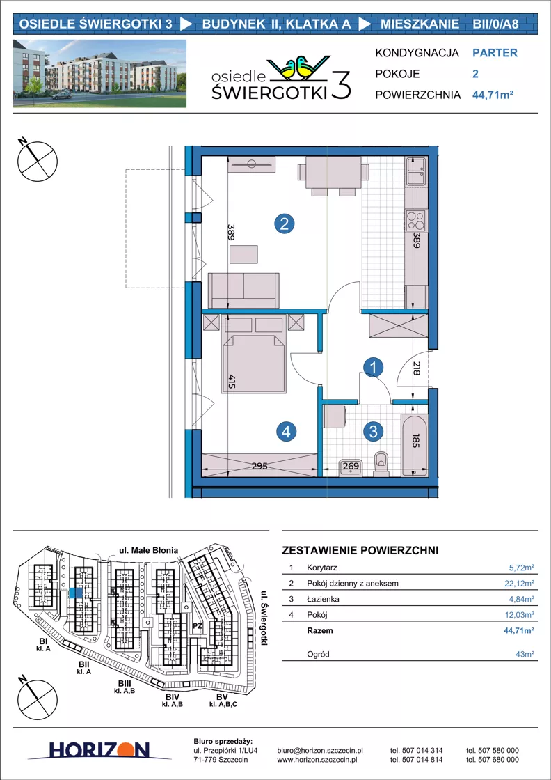 2 pokoje, mieszkanie 44,71 m², parter, oferta nr BII/0/A8, Osiedle Świergotki 3, Szczecin, Północ, Żelechowa, ul. Małe Błonia