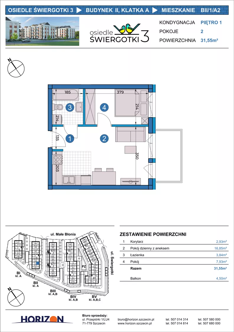 2 pokoje, mieszkanie 31,55 m², piętro 1, oferta nr BII/1/A2, Osiedle Świergotki 3, Szczecin, Północ, Żelechowa, ul. Małe Błonia