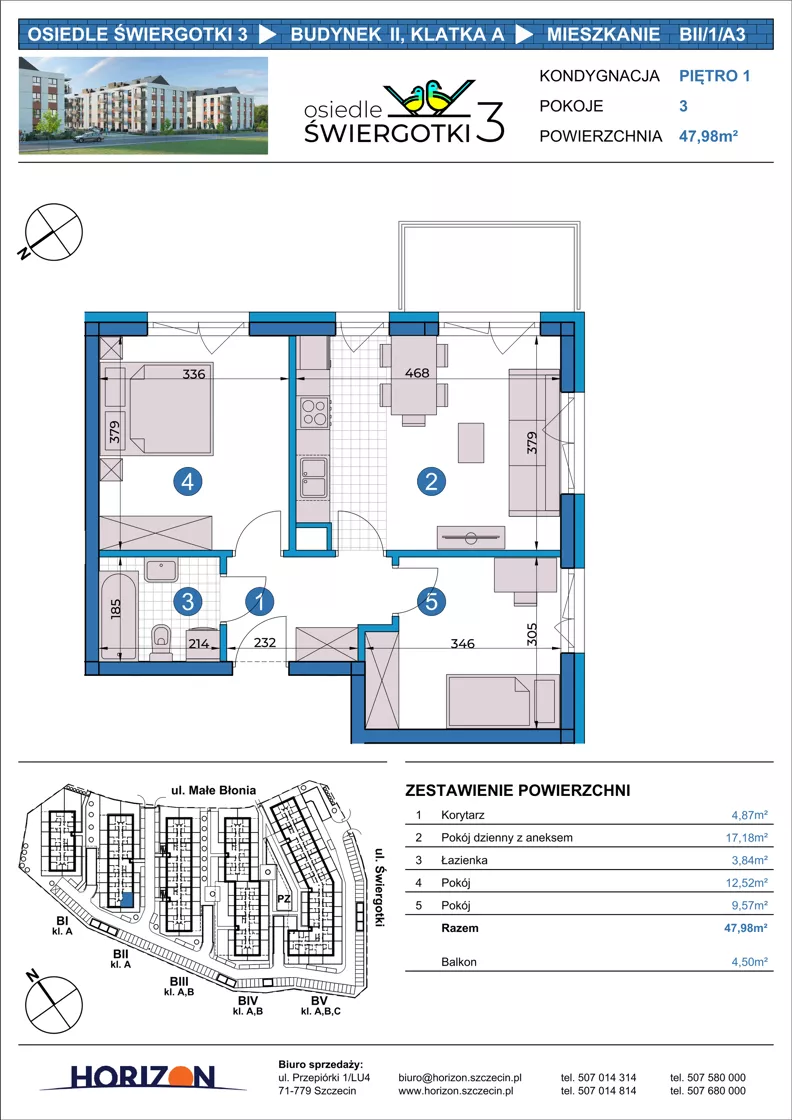 3 pokoje, mieszkanie 47,98 m², piętro 1, oferta nr BII/1/A3, Osiedle Świergotki 3, Szczecin, Północ, Żelechowa, ul. Małe Błonia