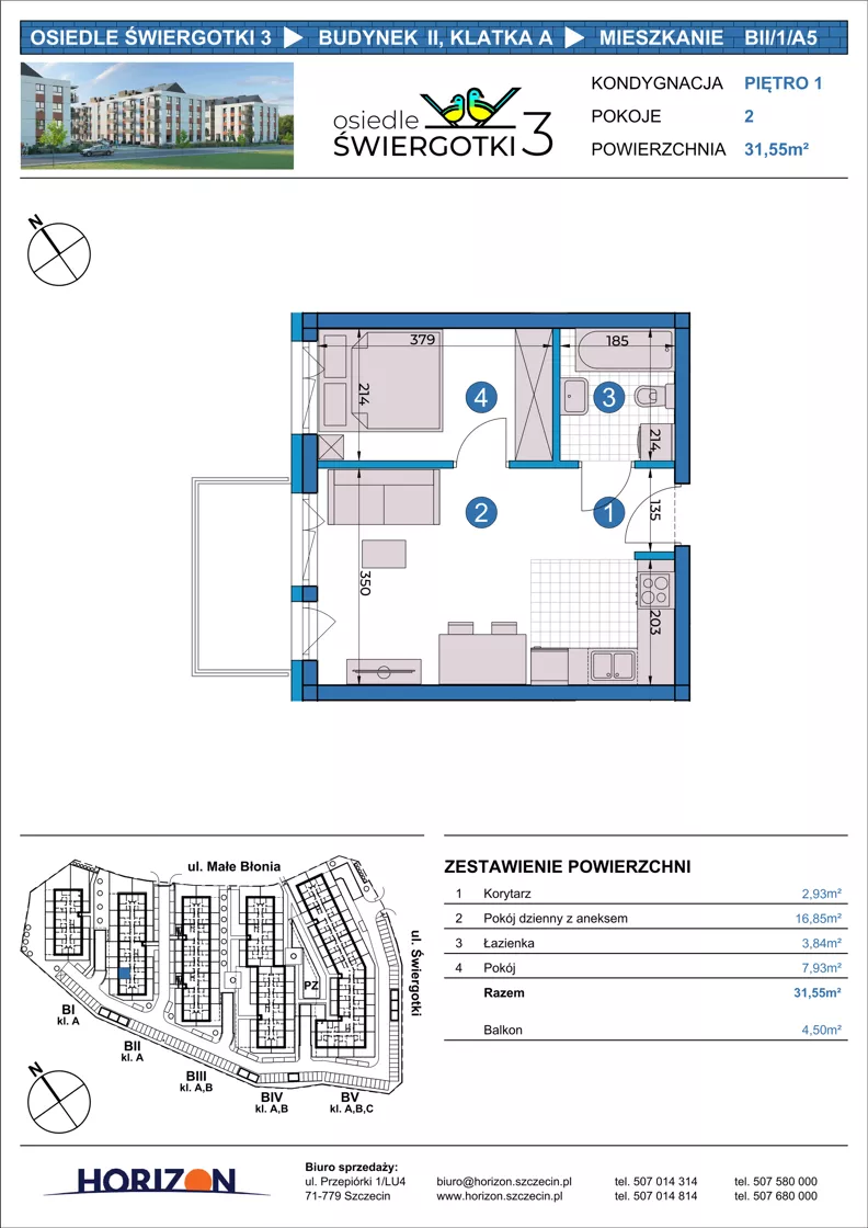 2 pokoje, mieszkanie 31,55 m², piętro 1, oferta nr BII/1/A5, Osiedle Świergotki 3, Szczecin, Północ, Żelechowa, ul. Małe Błonia