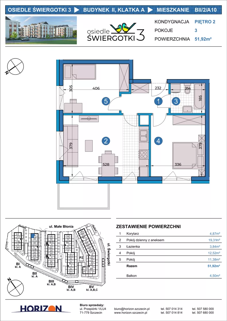 3 pokoje, mieszkanie 51,92 m², piętro 2, oferta nr BII/2/A10, Osiedle Świergotki 3, Szczecin, Północ, Żelechowa, ul. Małe Błonia