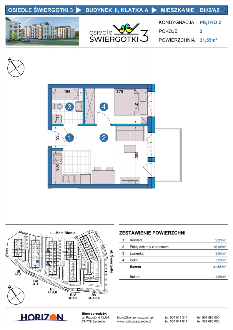 2 pokoje, mieszkanie 31,55 m², piętro 2, oferta nr BII/2/A2, Osiedle Świergotki 3, Szczecin, Północ, Żelechowa, ul. Małe Błonia