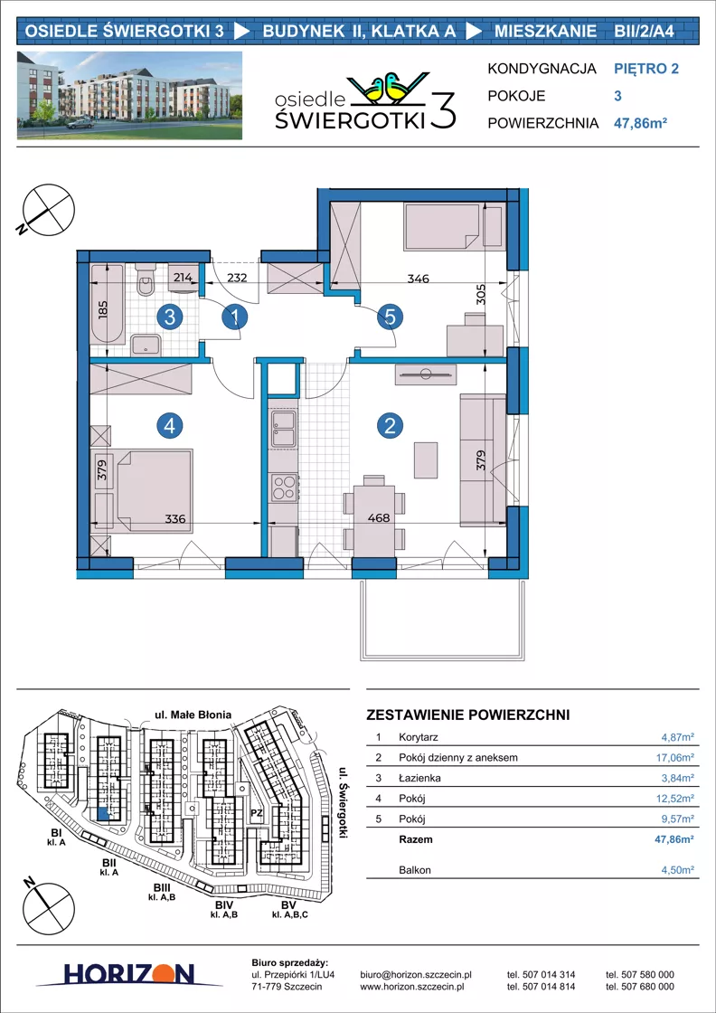 3 pokoje, mieszkanie 47,86 m², piętro 2, oferta nr BII/2/A4, Osiedle Świergotki 3, Szczecin, Północ, Żelechowa, ul. Małe Błonia