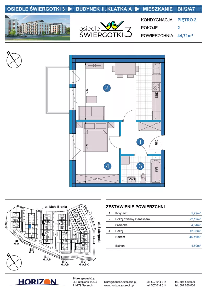 2 pokoje, mieszkanie 44,71 m², piętro 2, oferta nr BII/2/A7, Osiedle Świergotki 3, Szczecin, Północ, Żelechowa, ul. Małe Błonia