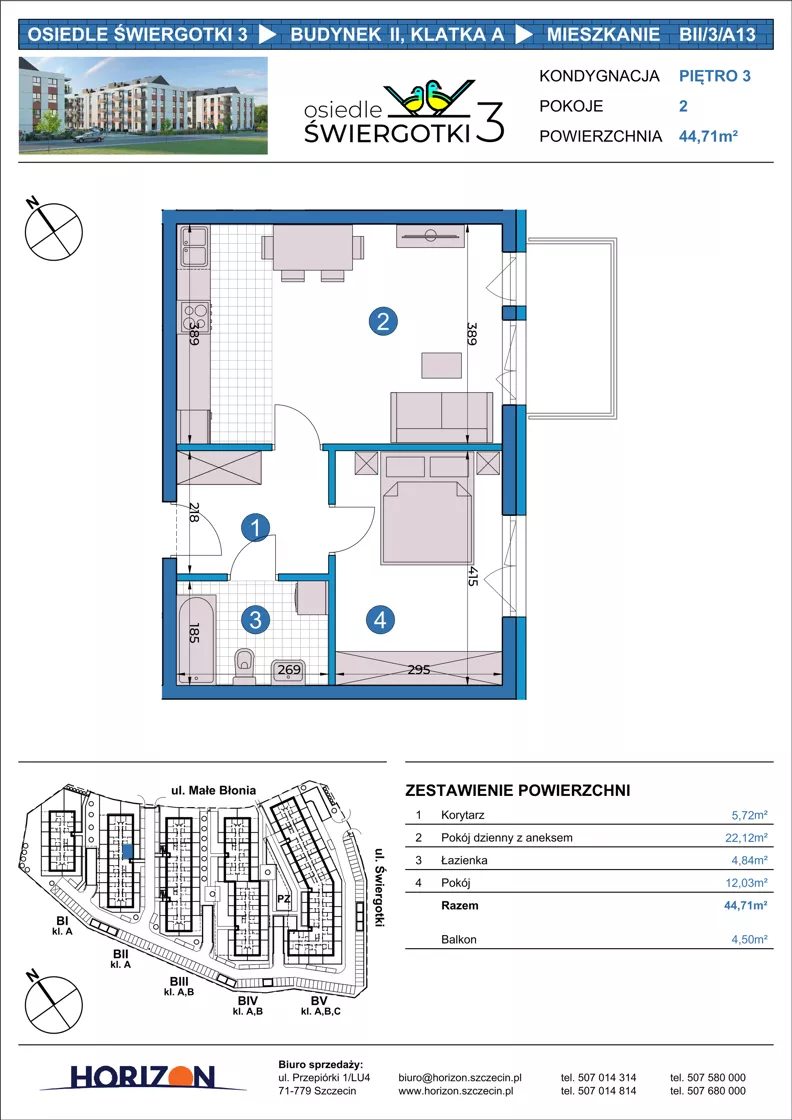 2 pokoje, mieszkanie 44,71 m², piętro 3, oferta nr BII/3/A13, Osiedle Świergotki 3, Szczecin, Północ, Żelechowa, ul. Małe Błonia