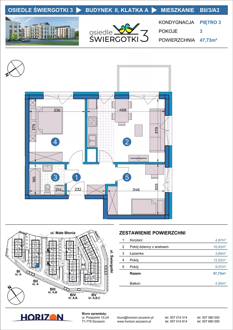 3 pokoje, mieszkanie 47,73 m², piętro 3, oferta nr BII/3/A3, Osiedle Świergotki 3, Szczecin, Północ, Żelechowa, ul. Małe Błonia