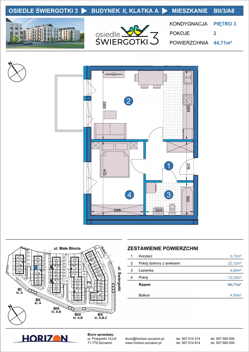 2 pokoje, mieszkanie 44,71 m², piętro 3, oferta nr BII/3/A8, Osiedle Świergotki 3, Szczecin, Północ, Żelechowa, ul. Małe Błonia