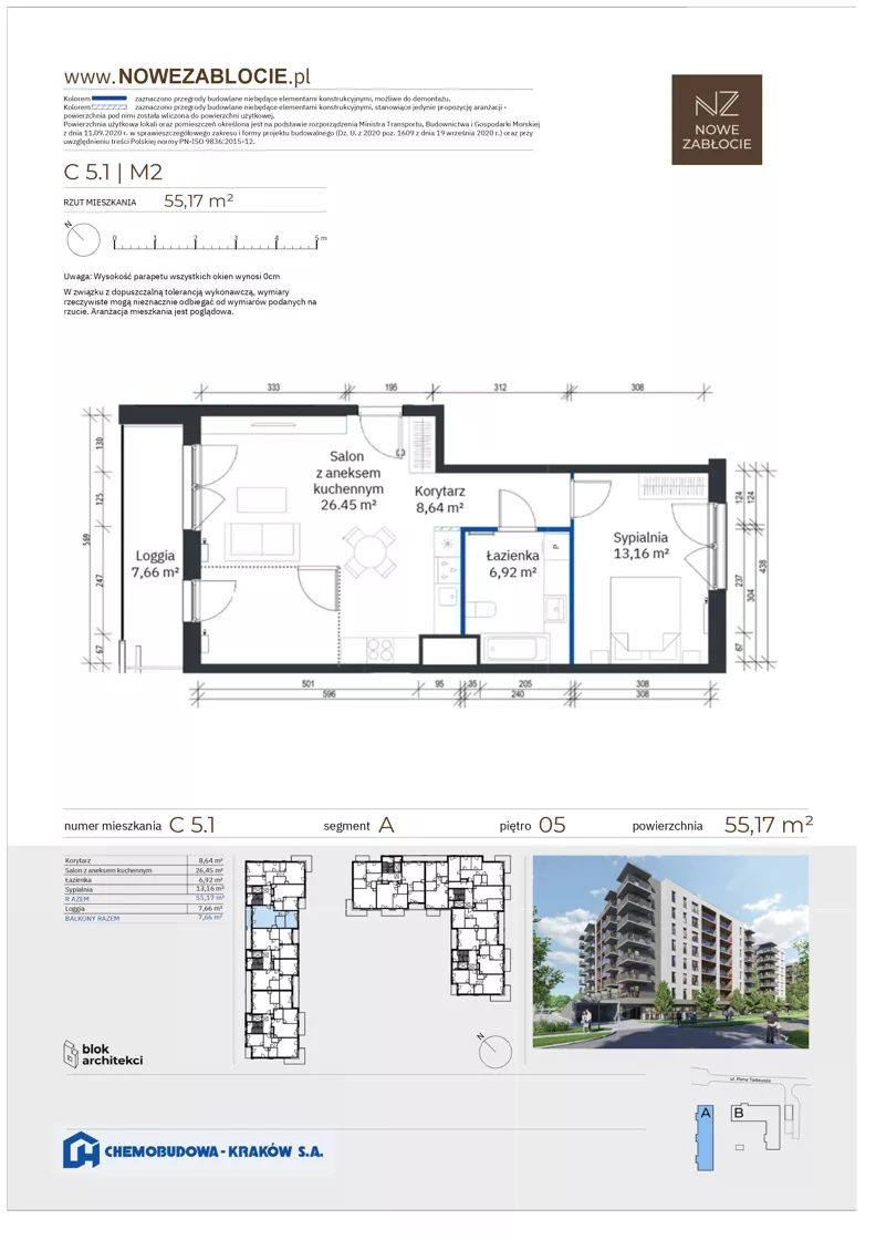 2 pokoje, mieszkanie 55,17 m², piętro 5, oferta nr C 5.1, Nowe Zabłocie, Kraków, Podgórze, Zabłocie, ul. Pana Tadeusza 7