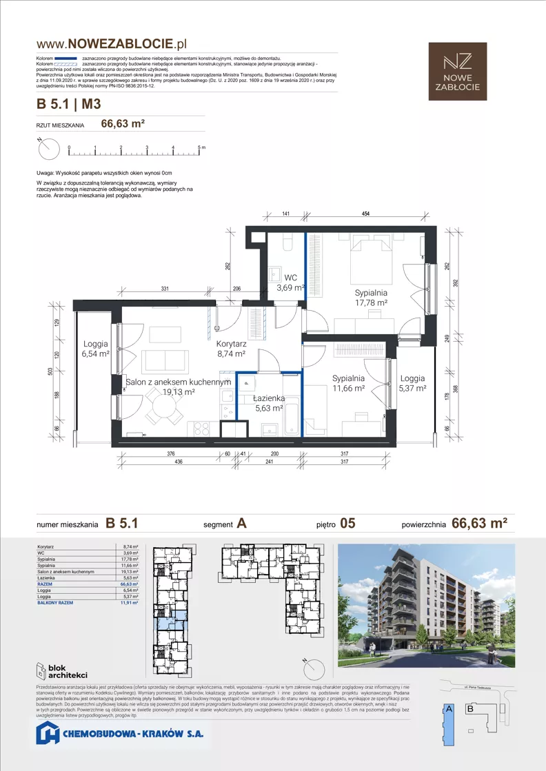 3 pokoje, mieszkanie 66,51 m², piętro 5, oferta nr B 5.1, Nowe Zabłocie, Kraków, Podgórze, Zabłocie, ul. Pana Tadeusza 7