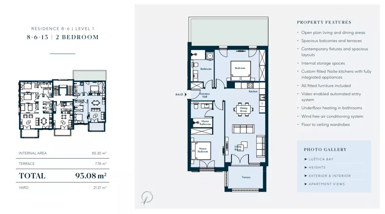 3 pokoje, mieszkanie 93,08 m², piętro 1, oferta nr 8613, HEIGHTS by Luštica Bay, Tivat