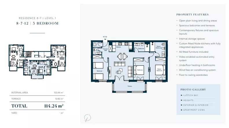 4 pokoje, mieszkanie 114,24 m², piętro 1, oferta nr 8712, HEIGHTS by Luštica Bay, Tivat